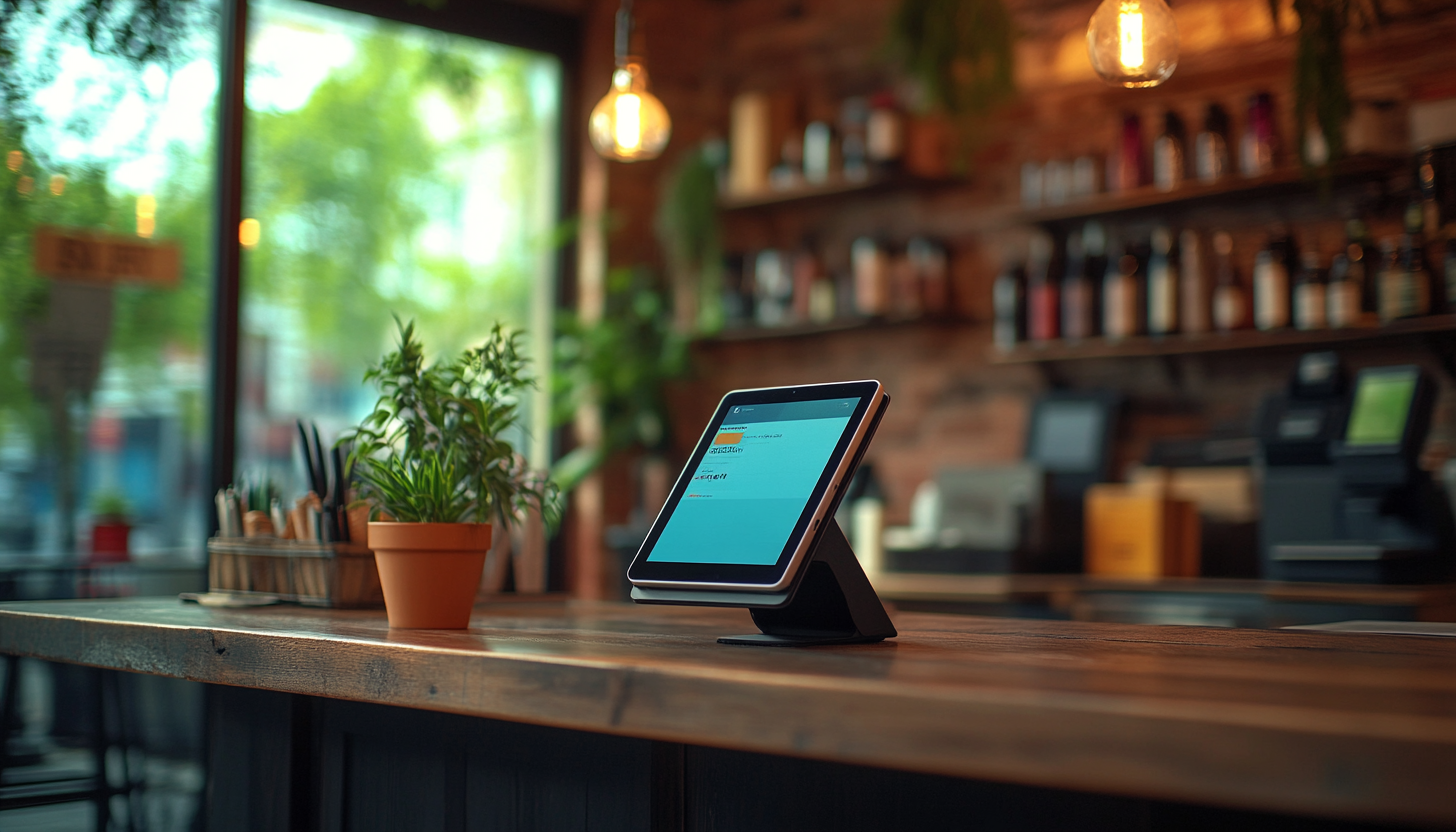 Point of sale tablet on a small business countertop.