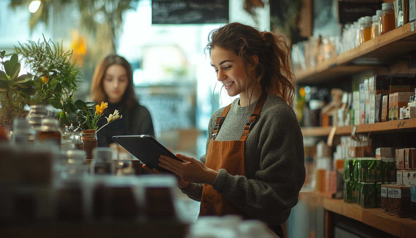 An employee on a tablet checking inventory on a secure staff network in a small business.