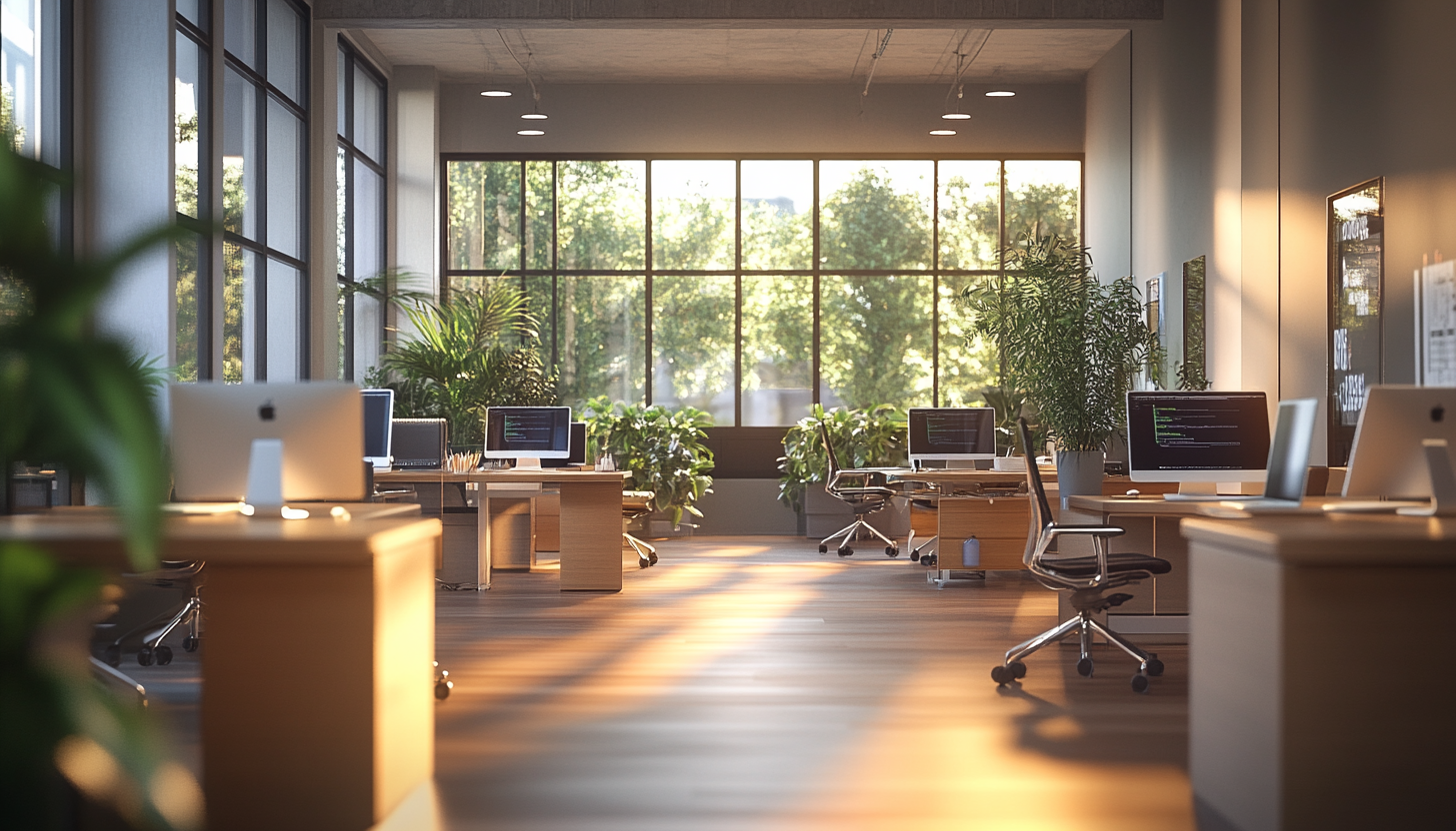 360broadband-img-office A large office space with computers on desks as dawn breaks through the windows.